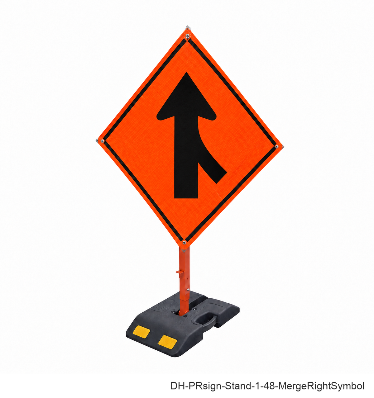 Merge Right (Symbol) reflective roll-up sign with weighted rubber base stand | SKU DH-PRsign-Stand-1-48-MergeRightSymbol