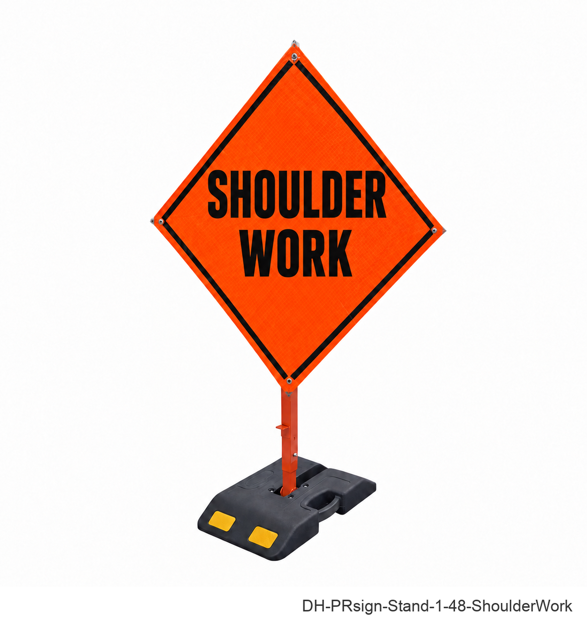 Shoulder Work reflective roll-up sign with weighted rubber base stand | SKU DH-PRsign-Stand-1-48-ShoulderWork