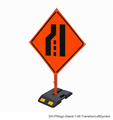 Transition Left (Symbol) reflective roll-up sign with weighted rubber base stand | SKU DH-PRsign-Stand-1-48-TransitionLeftSymbol