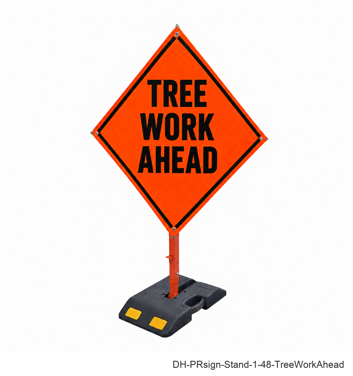 Tree Work Ahead reflective roll-up sign with weighted rubber base stand | SKU DH-PRsign-Stand-1-48-TreeWorkAhead